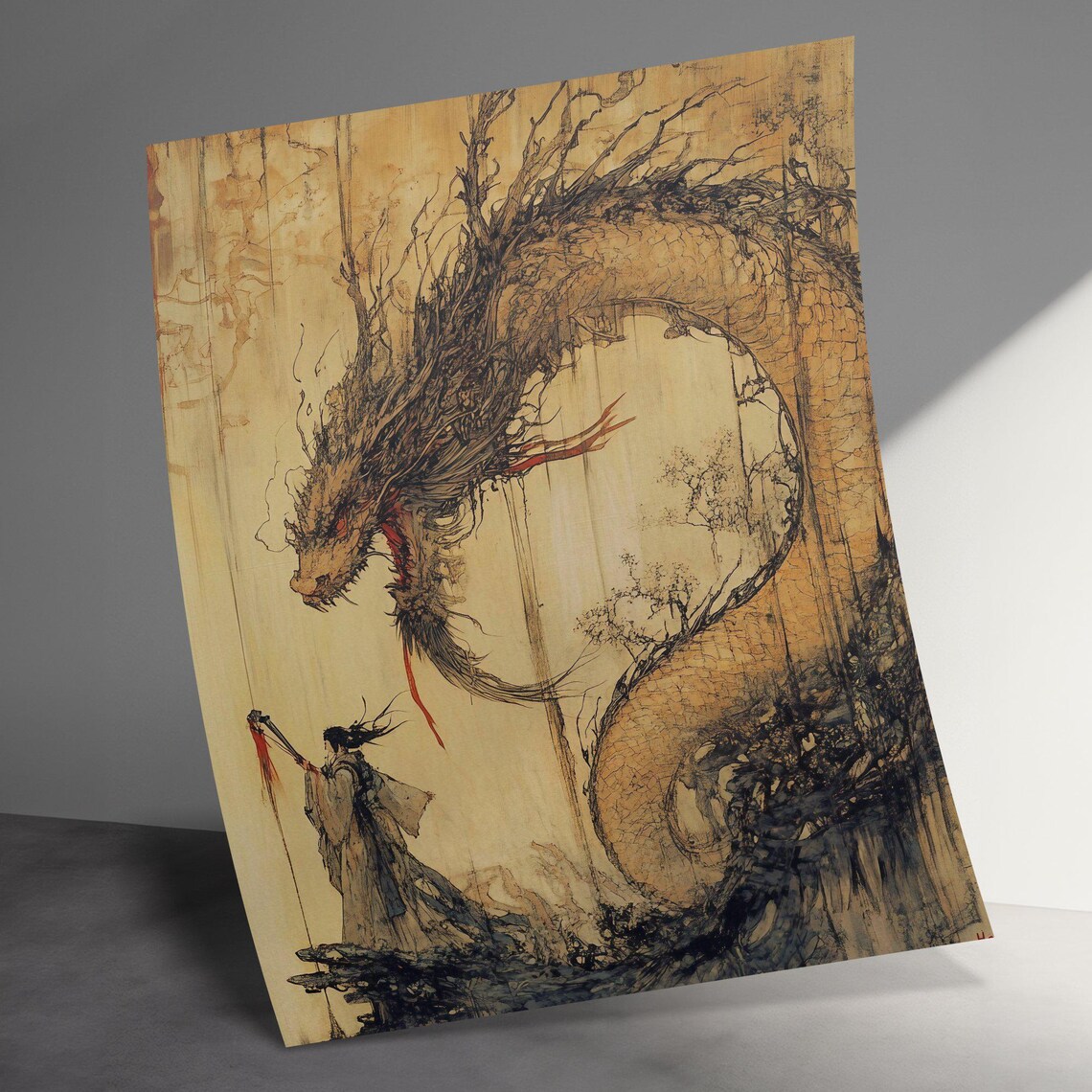 Japanese Dragon Ink Painting Woman Warrior Fantasy Wall Art Poster - Image 3