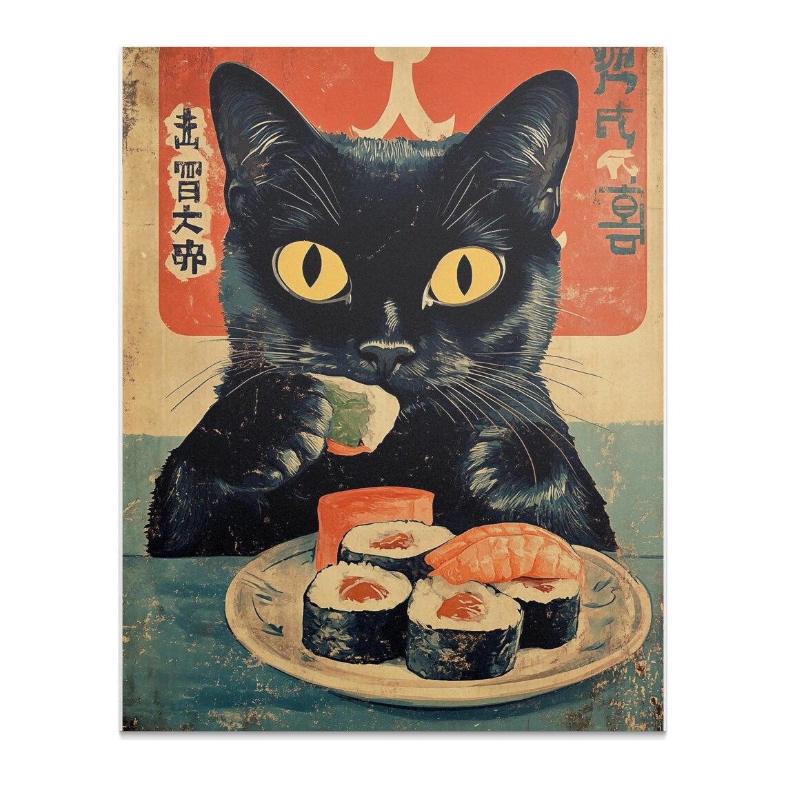Black Cat Eating Salmon Sushi Retro Japanese Restaurant Kitchen Art Poster - Image 2