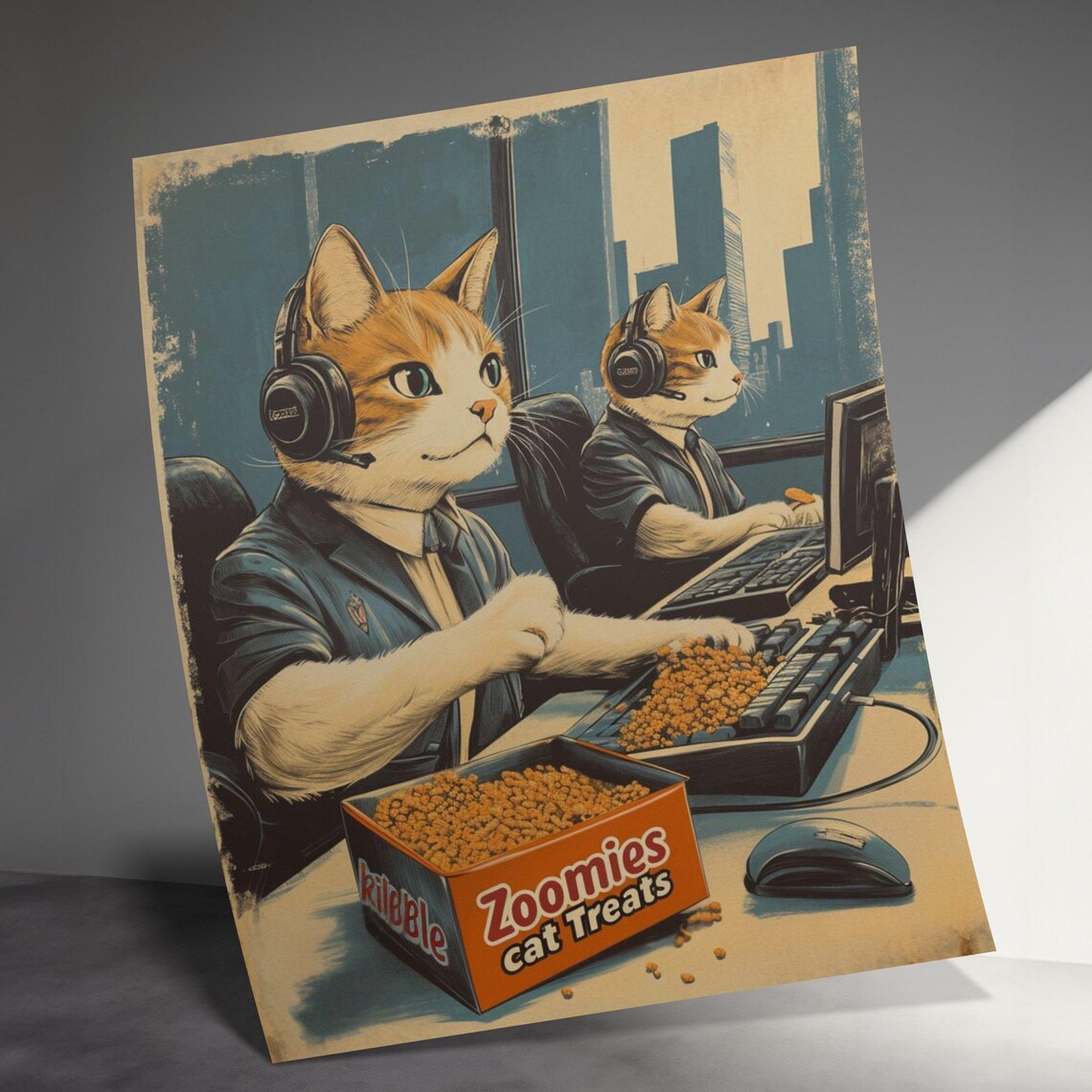 Funny Cats Gaming Office Headsets Zoomies Treats Retro Art Poster - Image 3
