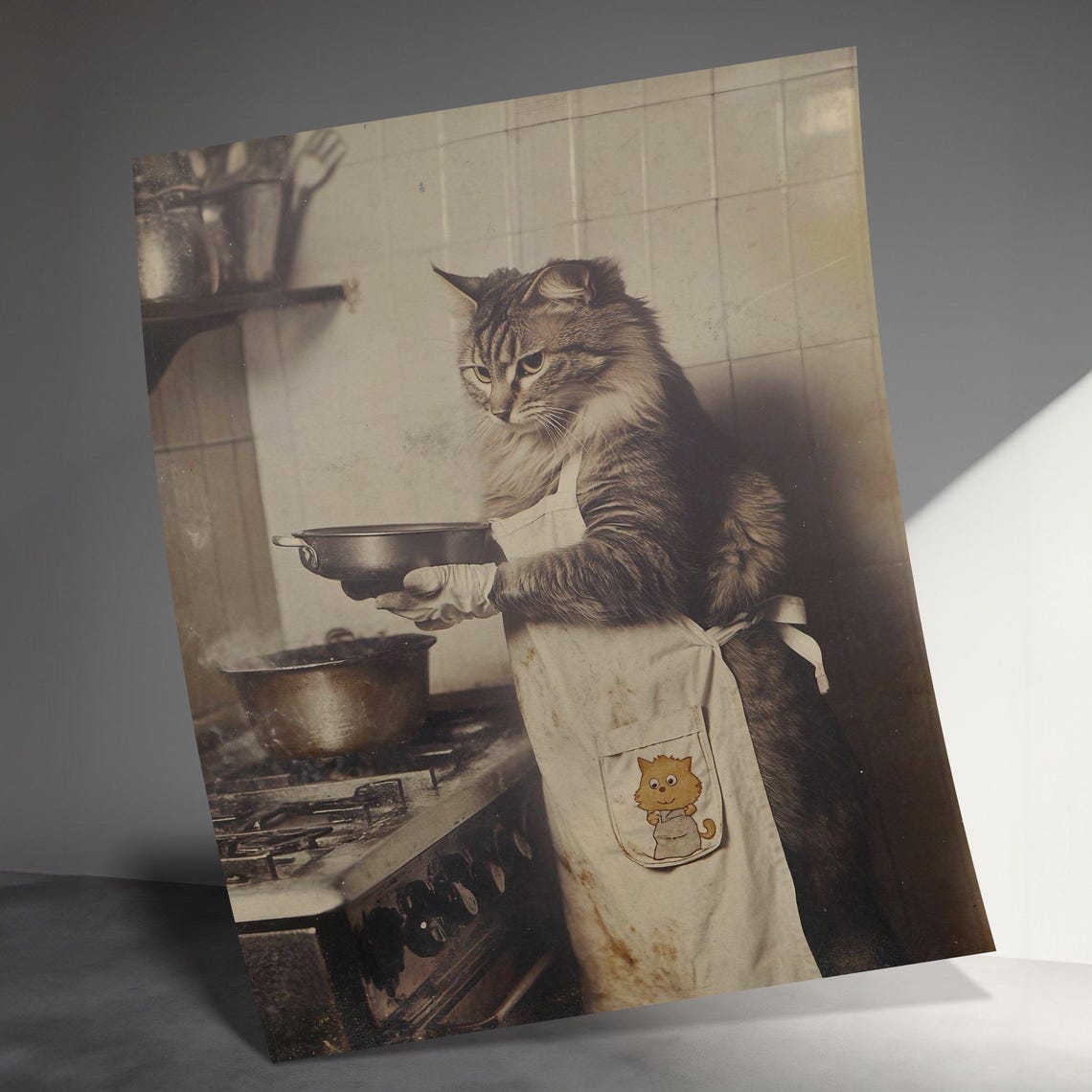 Vintage Cat Chef Cooking Funny Retro Kitchen Sepia Animal Art Poster - Image 3