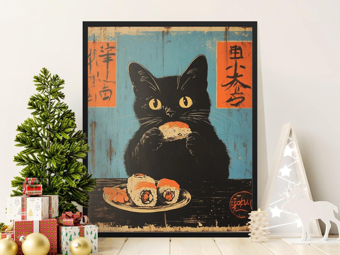 Black Cat Eating Sushi Vintage Japanese Blue Background Poster - Image 2