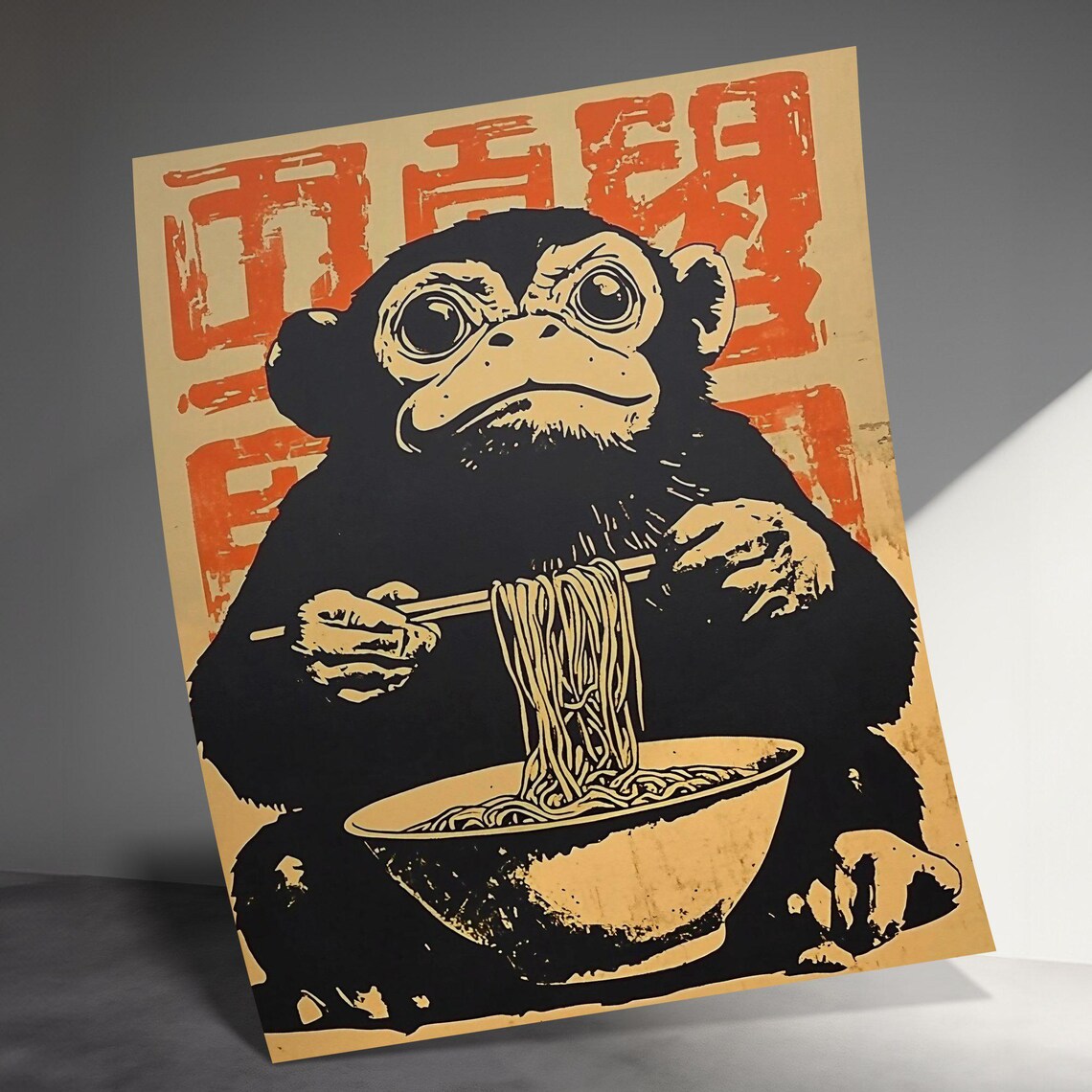 Monkey Lifting Ramen Noodles Japanese Style Cute Kitchen Wall Art Poster - Image 3
