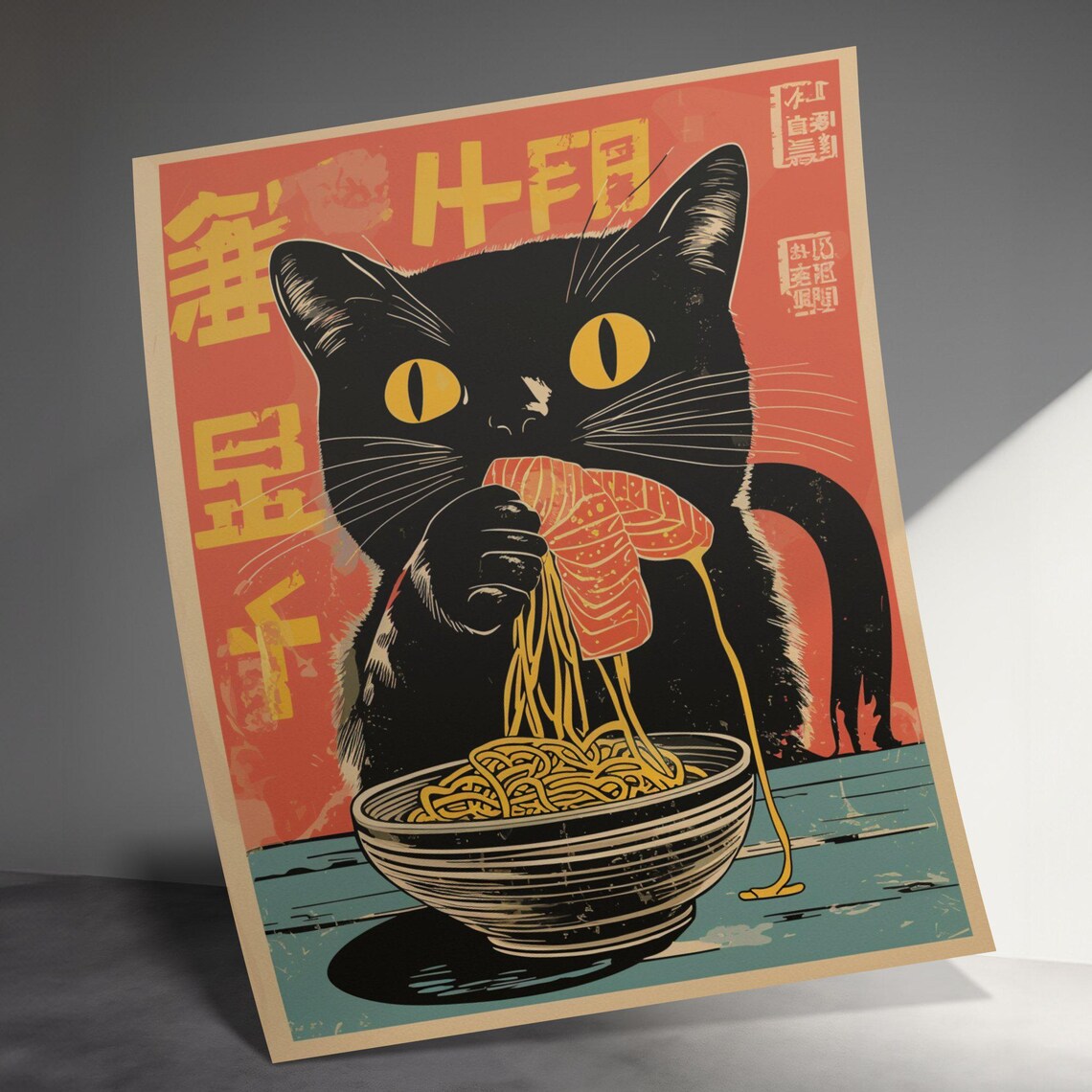 Quirky Black Cat Eating Salmon Ramen Retro Japanese Kitchen Fun Poster - Image 3