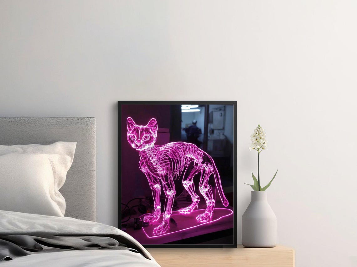 Neon Pink Cat Skeleton Glowing Wire Sculpture Dark Modern Wall Art - Image 2