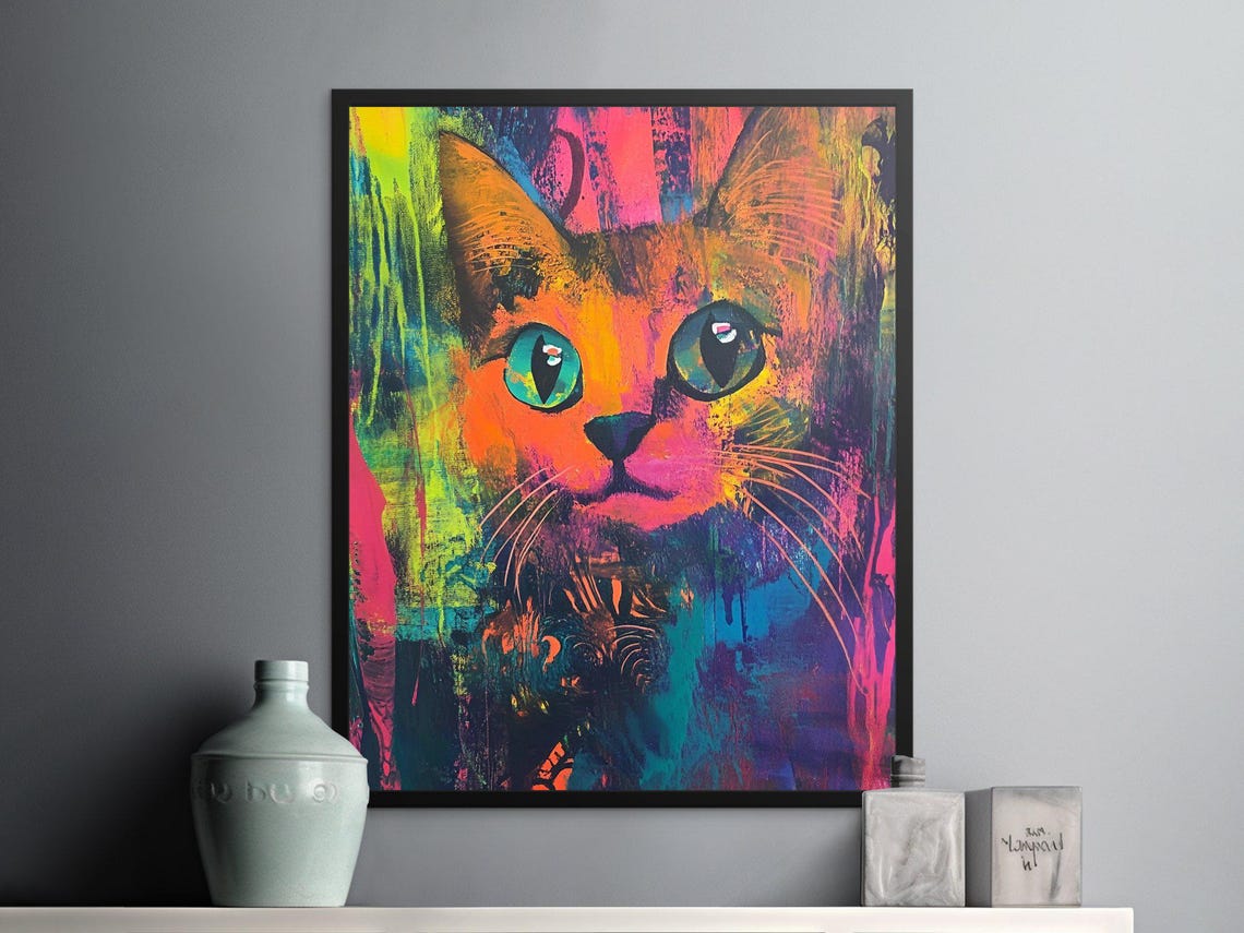Psychedelic Neon Cat Portrait Vibrant Abstract Graffiti Poster - Image 2