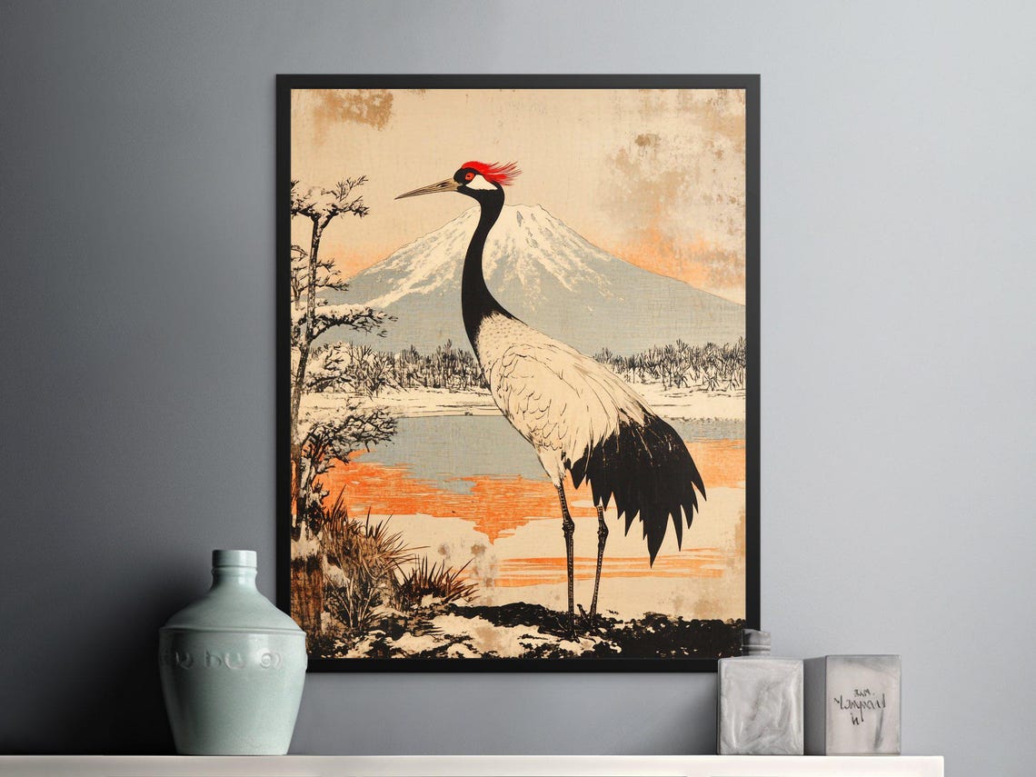 Red Crowned Crane Mount Fuji Vintage Japanese Ukiyo-e Nature Poster