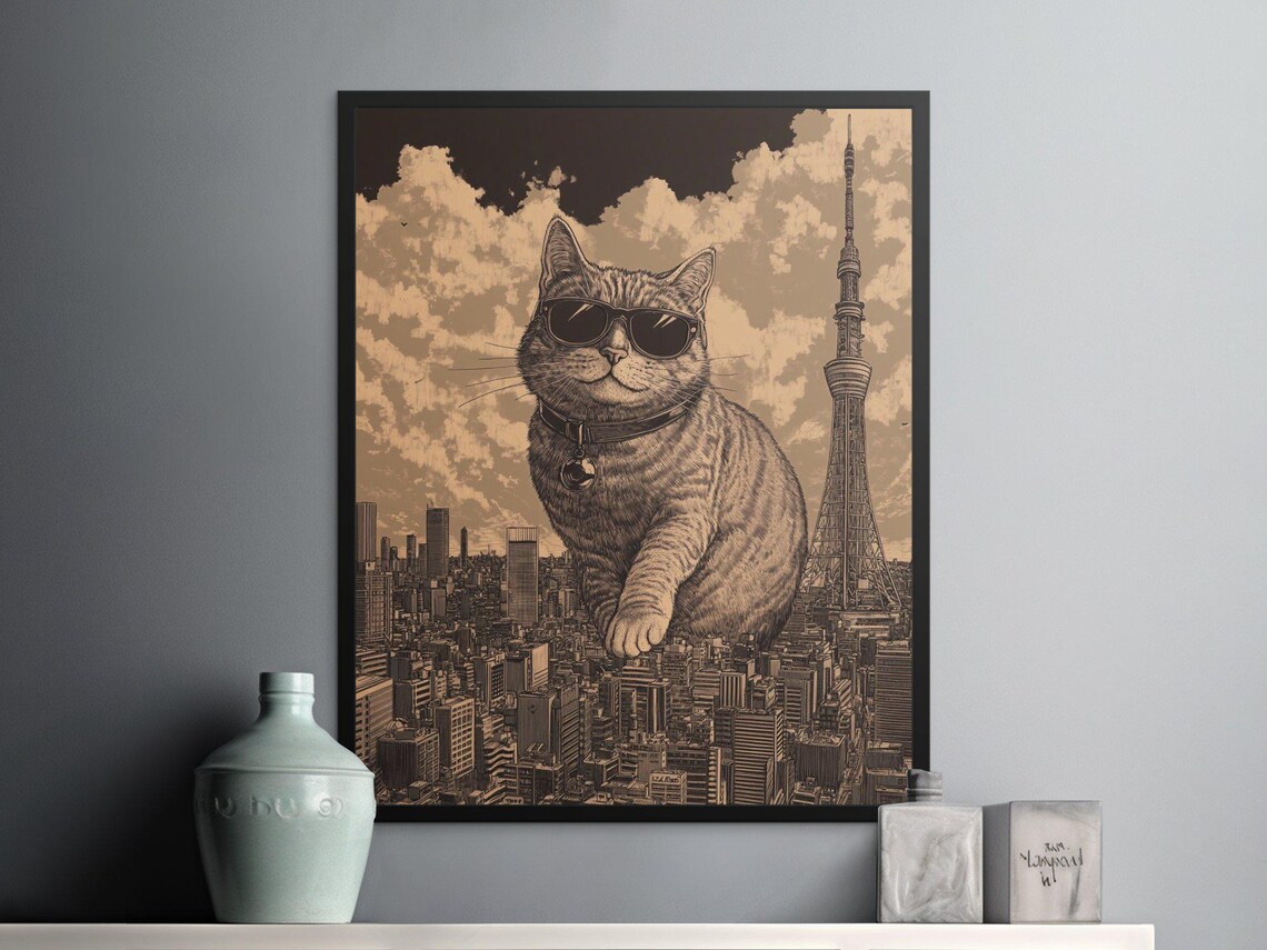 Giant Cat In Sunglasses Over Tokyo City Skyline Funny Art Poster - Image 2