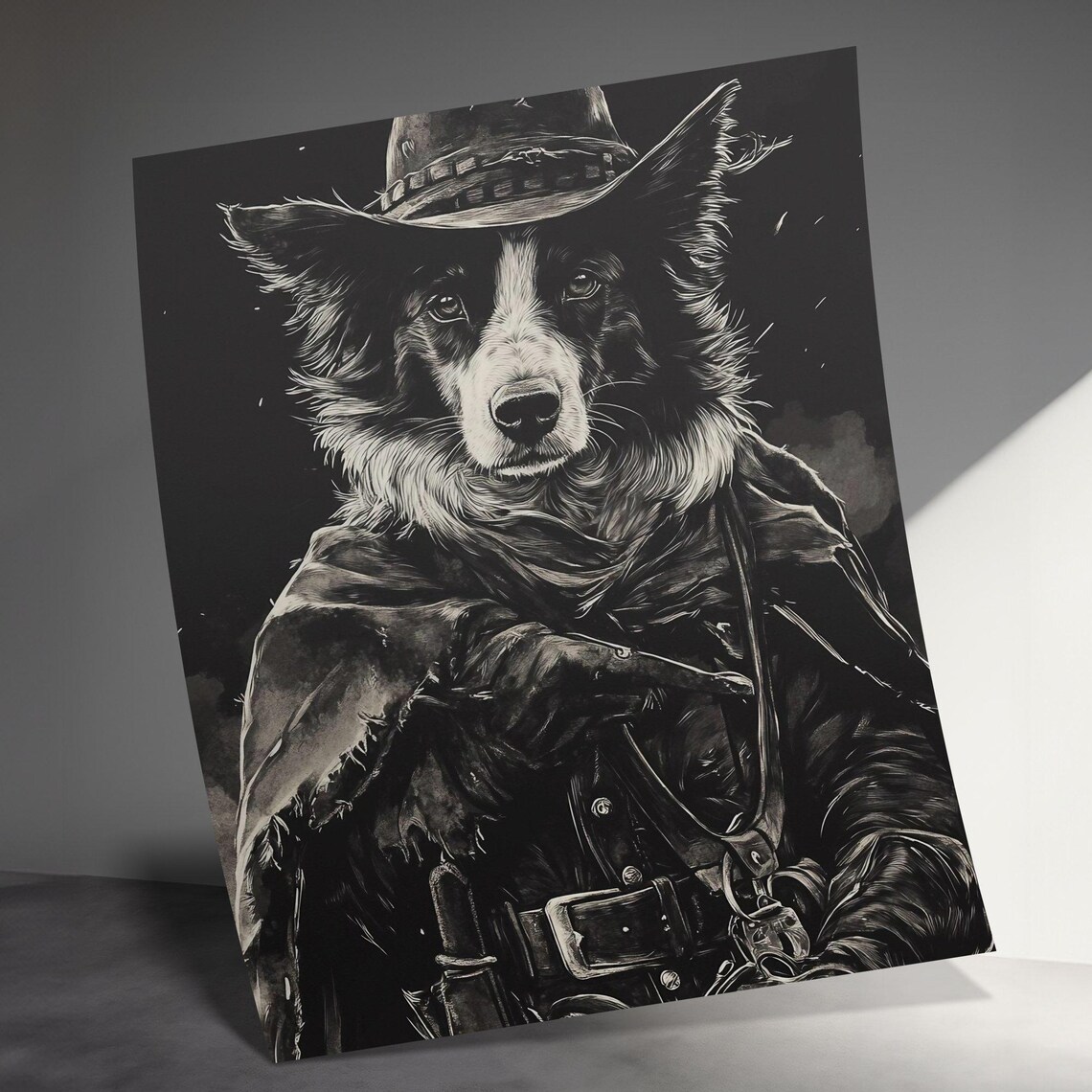 Western Colllie Cowboy Dog Poster Dog In Cowboy Costume Art Unique Dog Lover Gift Western Decor Black And White Poster Wall Art Print - Image 3