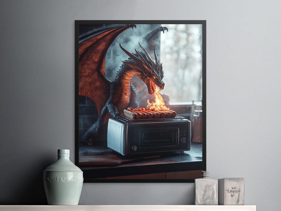 Dragon Grilling Hotdogs Funny Fire Breathing Fantasy Kitchen Art Poster - Image 2