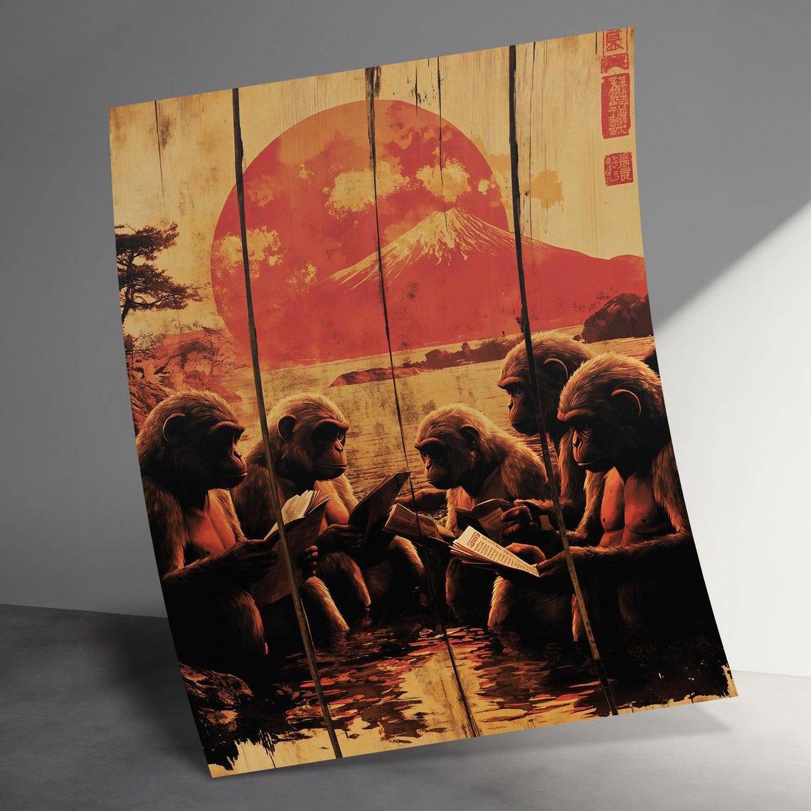 Funny Monkeys Reading Books Hot Spring Mount Fuji Retro Art Poster - Image 2