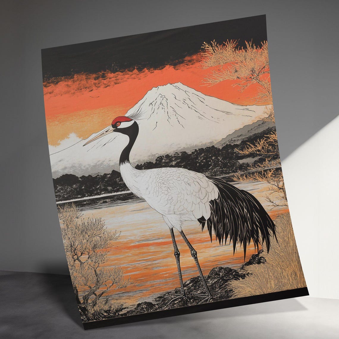 Red Crowned Crane Lake Mount Fuji Dramatic Sunset Japanese Poster - Image 3