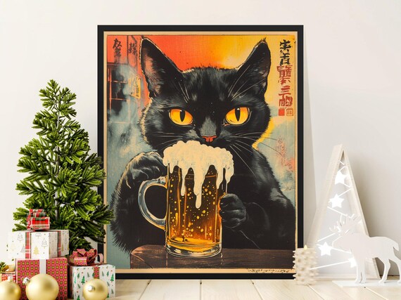 Black Cat Drinking Foaming Beer Mug Vintage Japanese Bar Art Poster