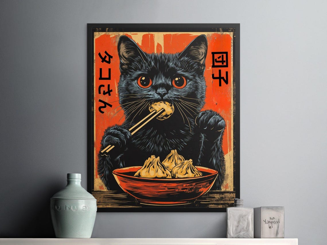 Black Cat Eating Dumplings With Chopsticks Orange Retro Poster