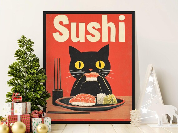 Sushi Text Black Cat Eating Nigiri Retro Red Japanese Food Poster