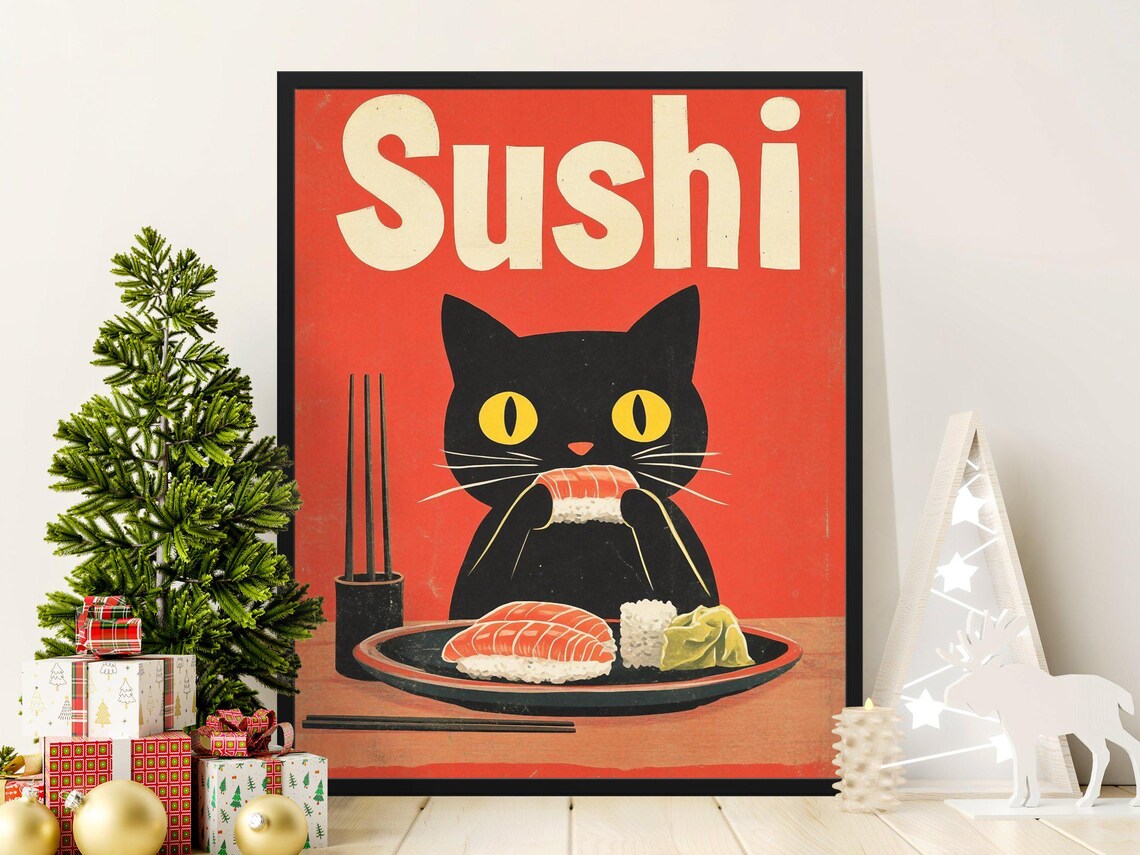 Sushi Text Black Cat Eating Nigiri Retro Red Japanese Food Poster