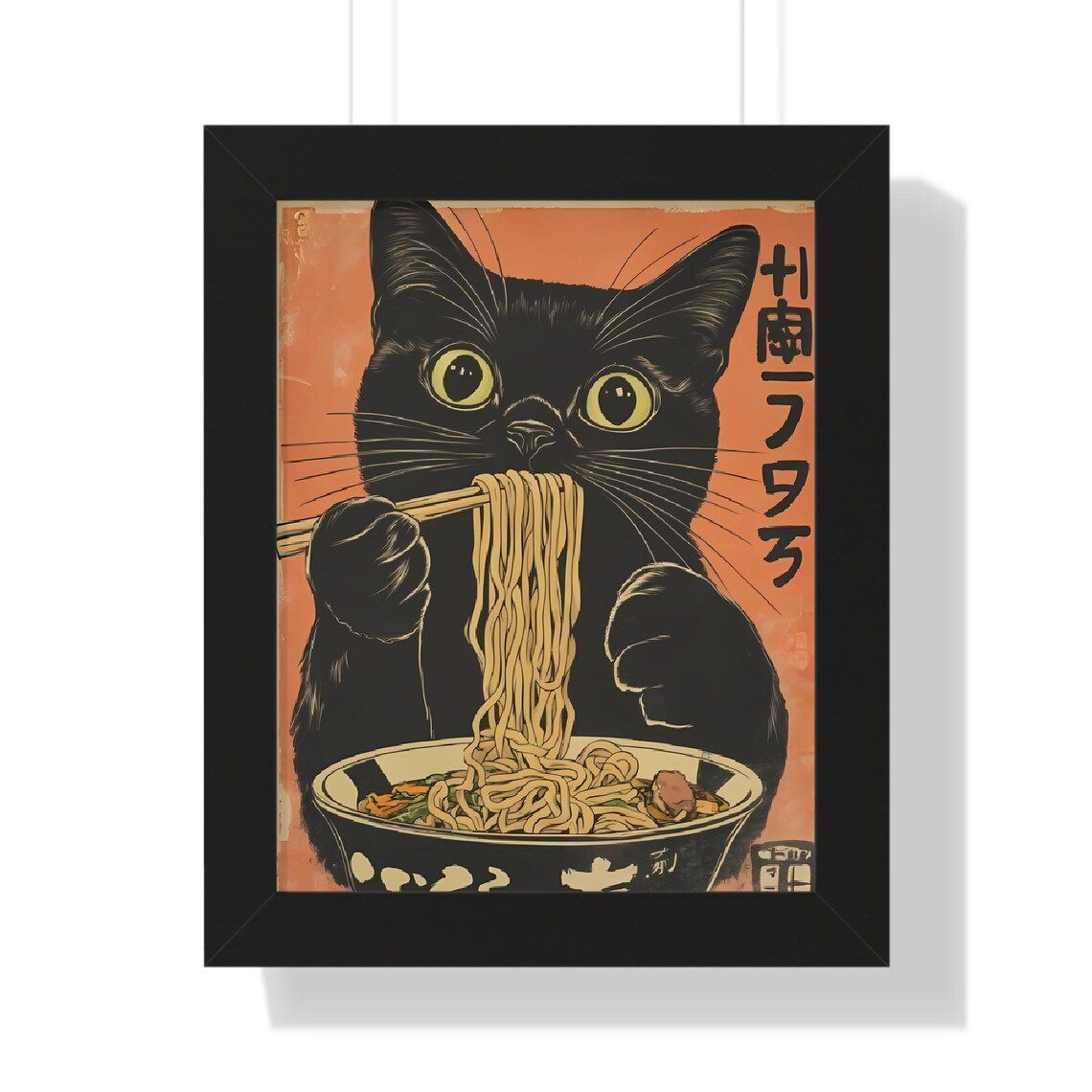 Black Cat Eating Ramen Ukiyo-e Style Japanese Cat Lover Kitchen Wall Art - Image 3