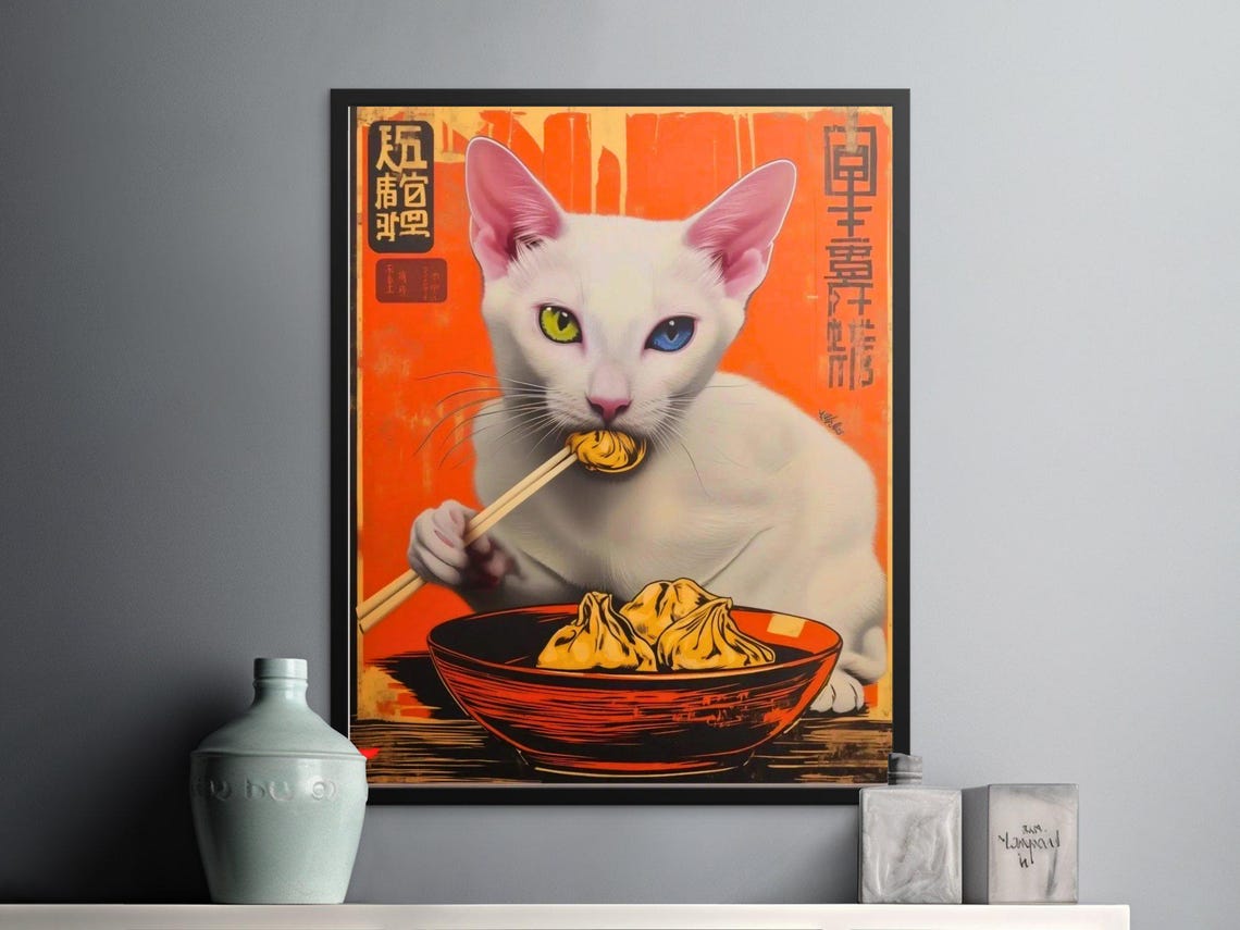 White Cat Eating Dumplings Red Bowl Vintage Japanese Art Poster - Image 2
