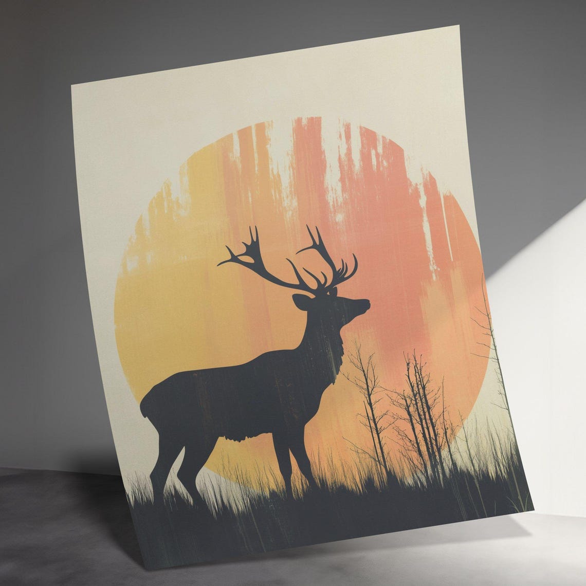 Stag Silhouette Before Giant Setting Sun Minimalist Nature Poster - Image 3