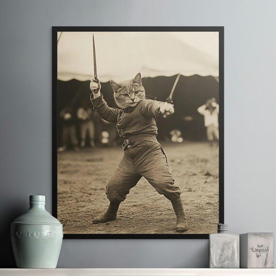 Vintage Knife Throwing Cat With Swords Retro Circus Sepia Wall Art