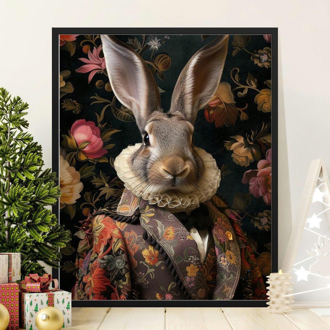 Regal Rabbit Renaissance Portrait Floral Brocade Art Whimsical Poster