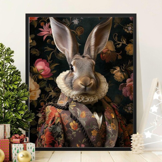Regal Rabbit Renaissance Portrait Floral Brocade Art Whimsical Poster