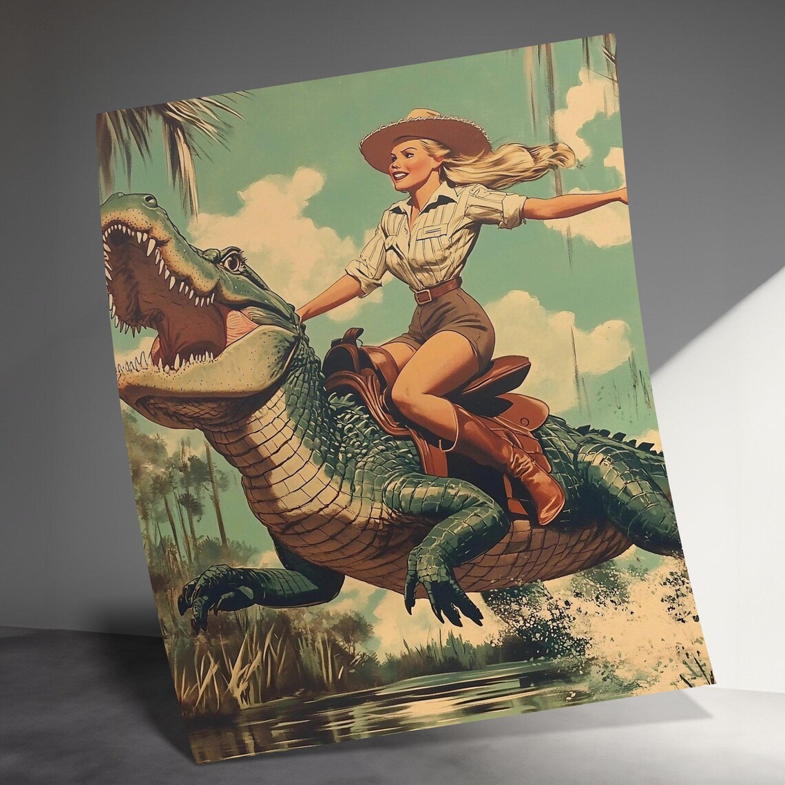 Vintage Cowgirl Riding Roaring Alligator Swamp Splash Safari Adventure Poster - Image 3