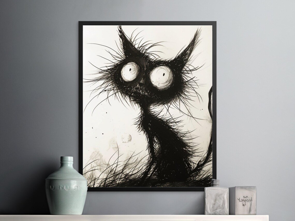 Spooky Black Scruffy Cat Huge Round Eyes Ink Sketch Art Poster