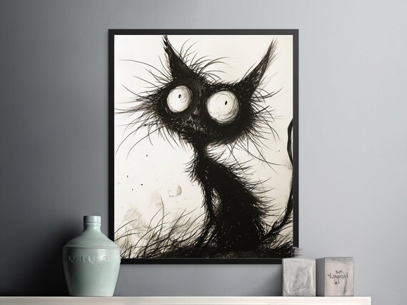 Spooky Black Scruffy Cat Huge Round Eyes Ink Sketch Art Poster