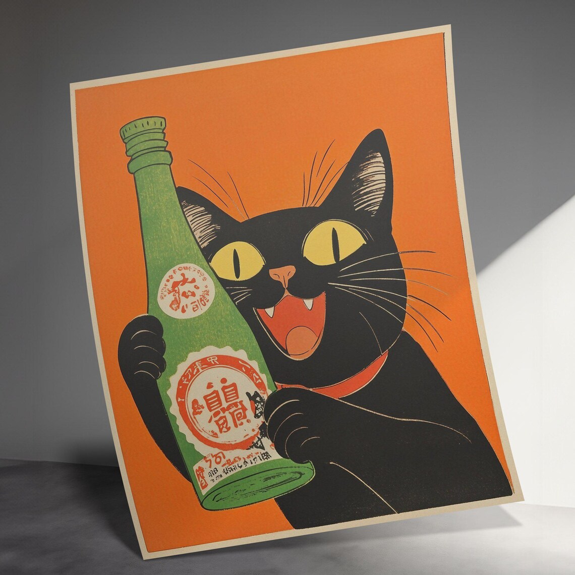 Black Cat Holding Green Sake Bottle Orange Retro Japanese Art Poster - Image 3