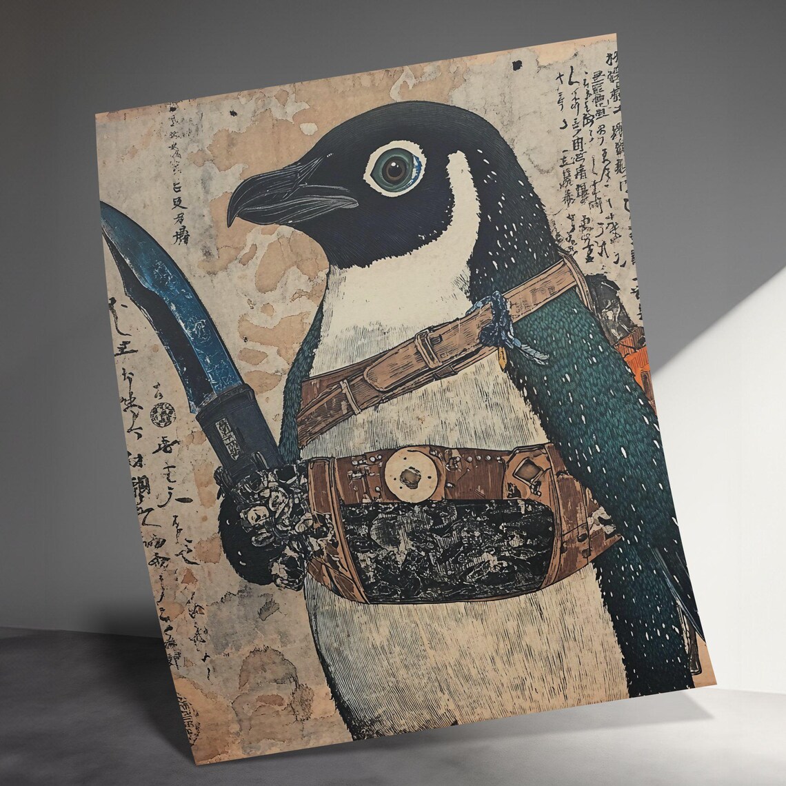 Samurai Penguin With Sword Vintage Japanese Woodblock Style Poster - Image 3