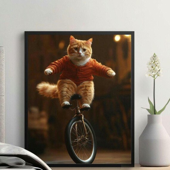 Funny Orange Cat Riding Unicycle Cozy Sweater Circus Wall Art Poster
