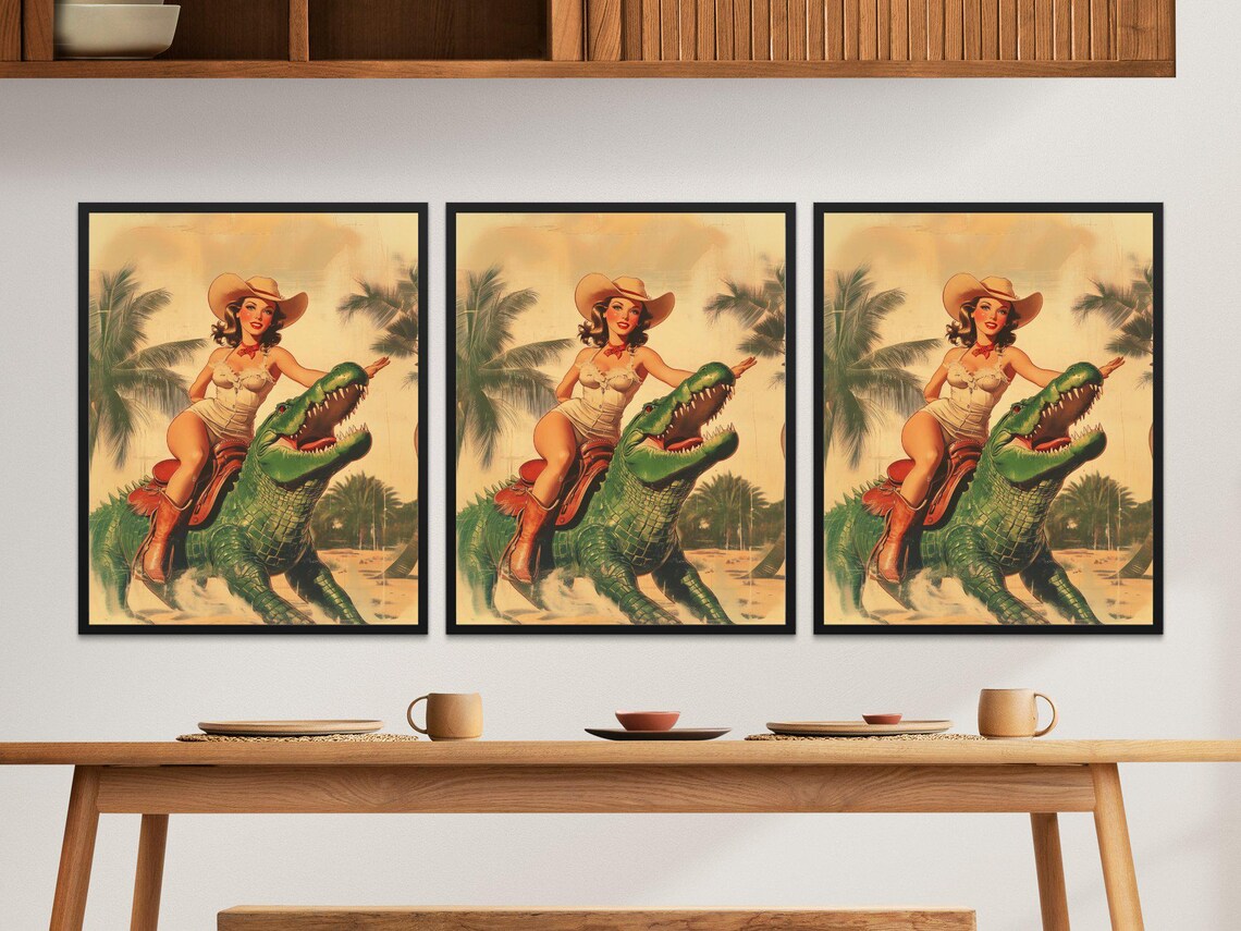 Vintage Pin Up Girl Riding Roaring Dinosaur Palm Retro Western Poster - Image 2