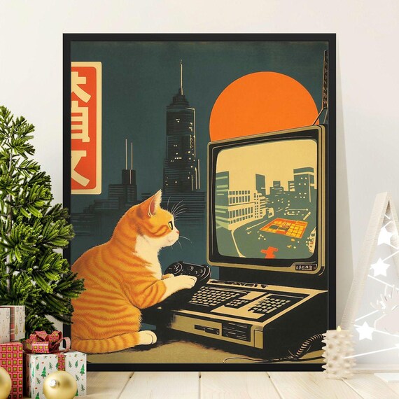 Orange Tabby Cat Playing Retro Video Game City Sunset Gamer Poster