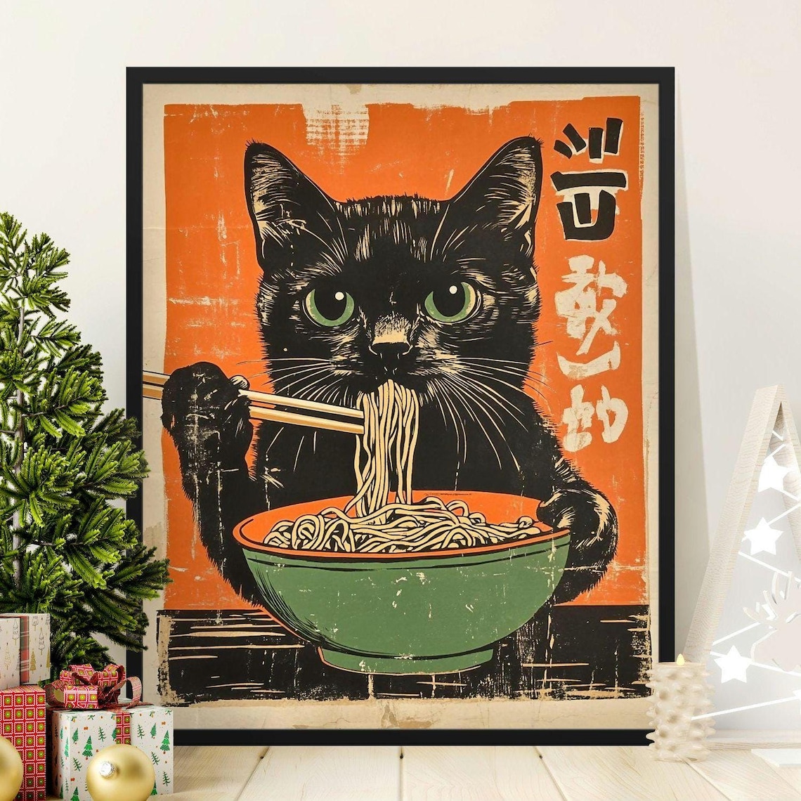 Vintage Cat Eating Ramen, Japanese Style Art Print