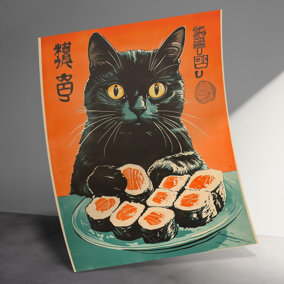 Black Cat With Salmon Sushi Rolls Retro Japanese Cuisine Kitchen Art Poster - Image 3