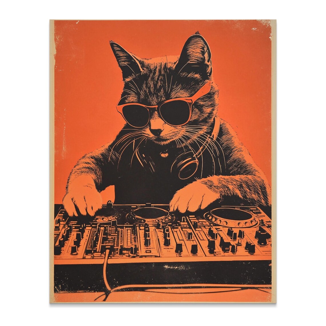 Cool Cat DJ With Sunglasses And Headphones Retro Orange Music Art Poster - Image 3