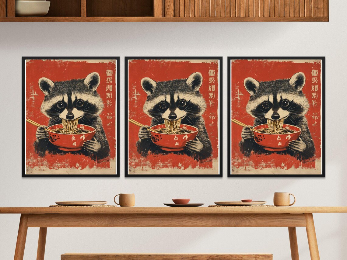 Raccoon Eating Ramen Noodles Red Bowl Retro Japanese Food Poster - Image 2