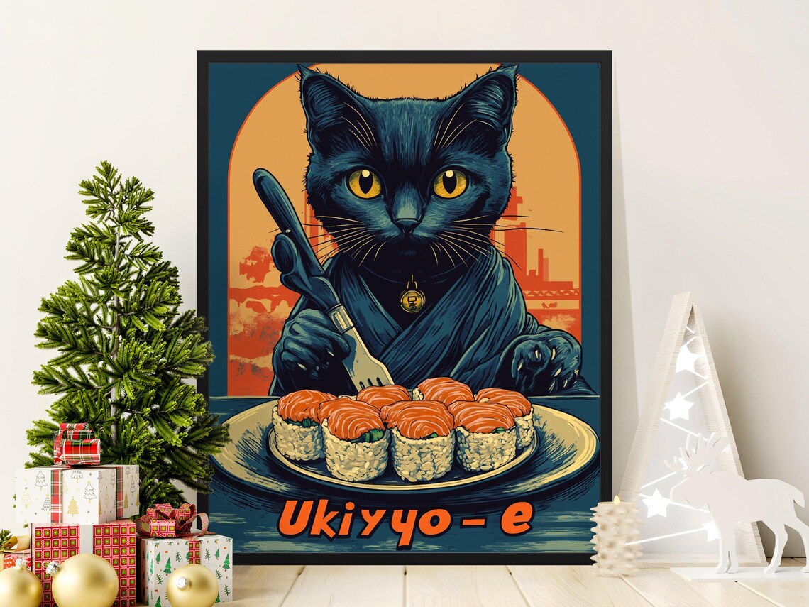 Black Cat Kimono Sushi Chef Ukiyoe Style Salmon Plate Art Poster