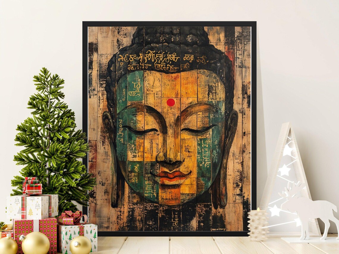 Serene Buddha Face Portrait Distressed Wood Panel Spiritual Zen Art Poster