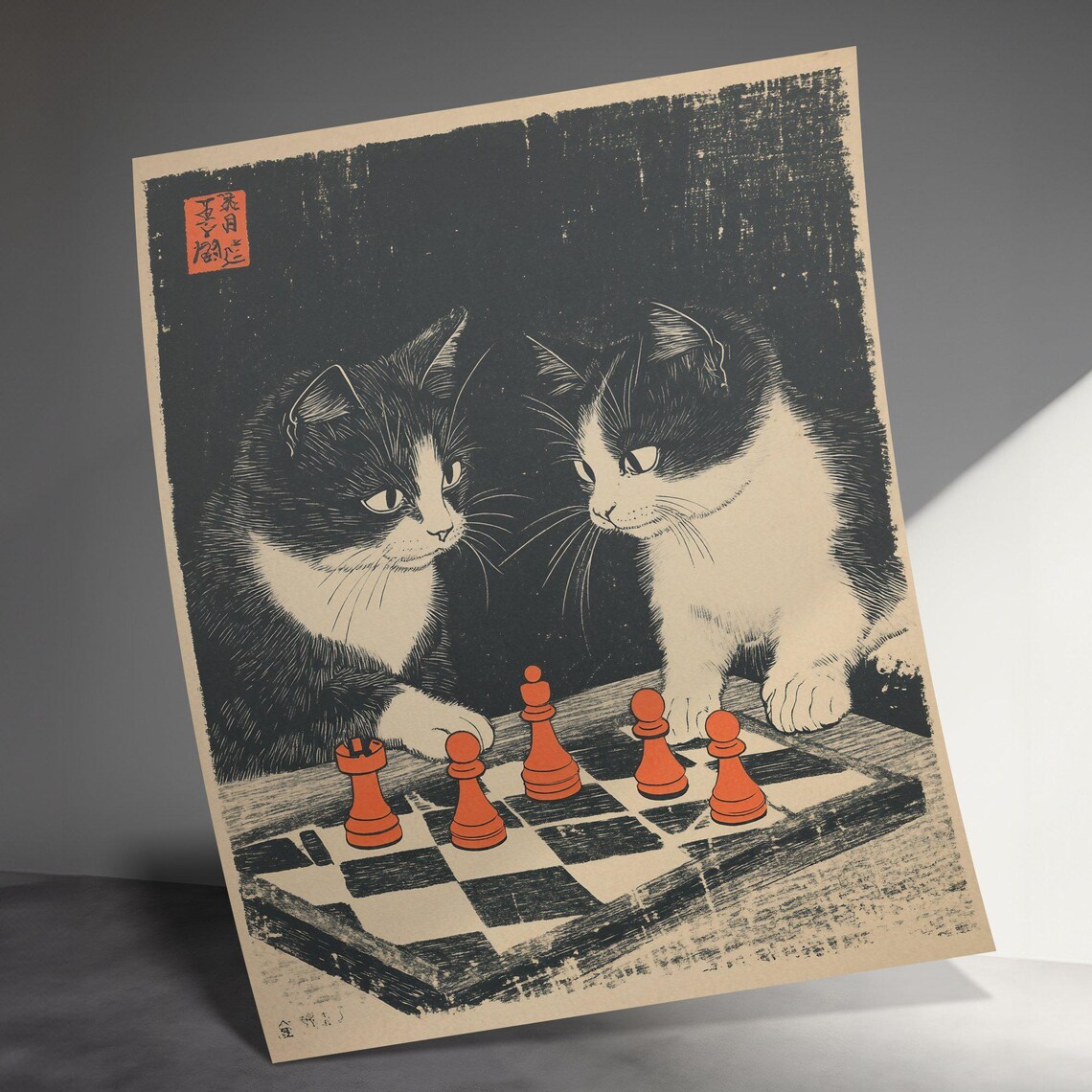 Tuxedo Cats Studying Chess Red Pieces Dramatic Japanese Art Poster - Image 3