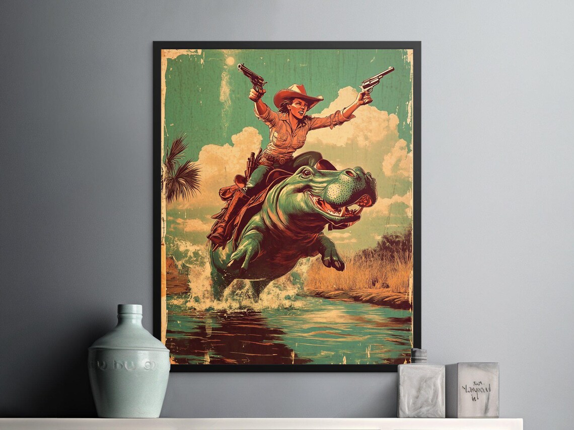 Retro Cowgirl Riding Hippo River Splash Dual Pistols Western Adventure Poster - Image 2