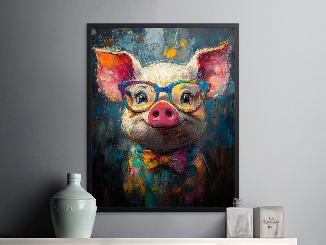 Colorful Pig With Glasses And Bow Tie Dark Pop Art Animal Poster - Image 3