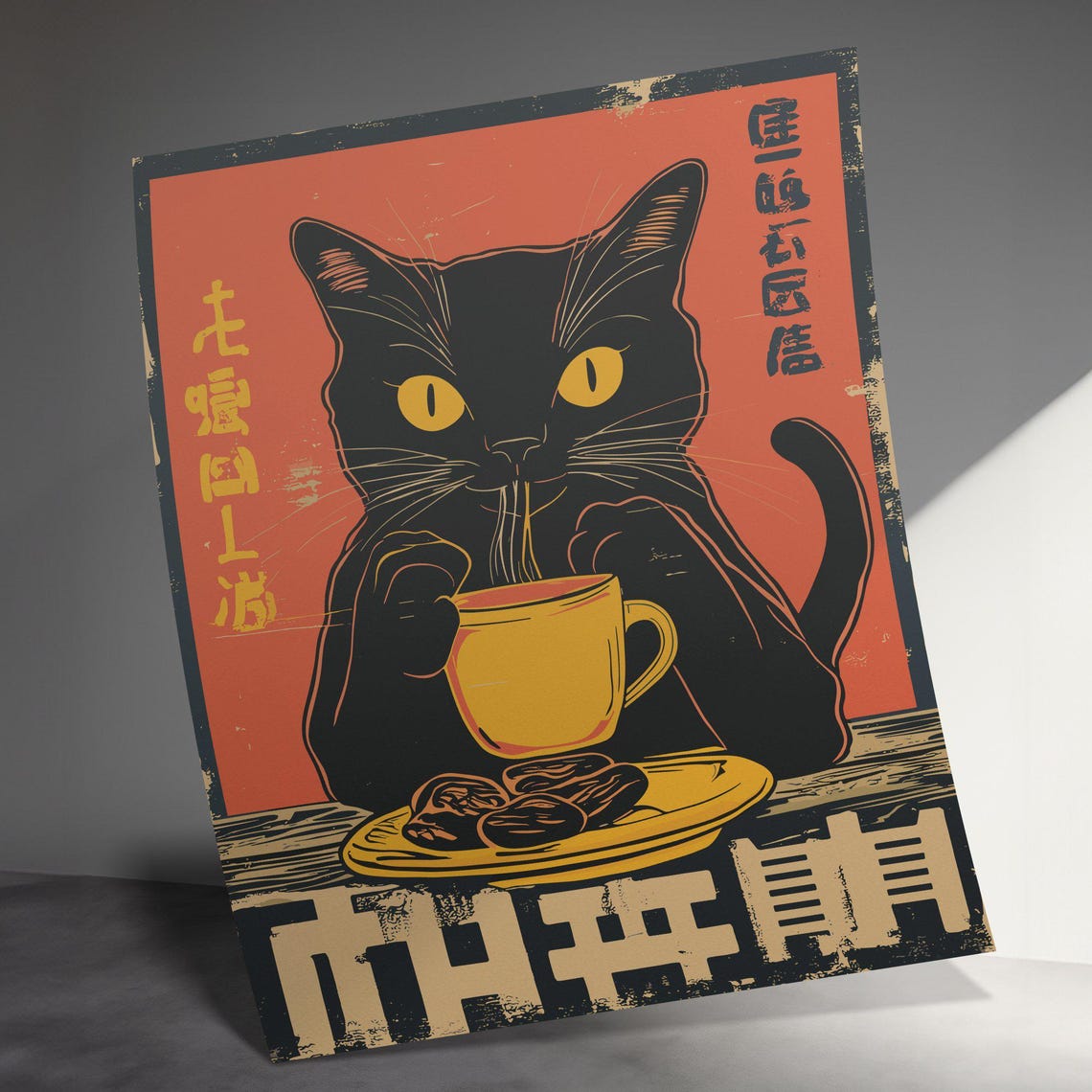 Black Cat Sipping Hot Tea Steaming Cup Retro Japanese Cat Poster - Image 3