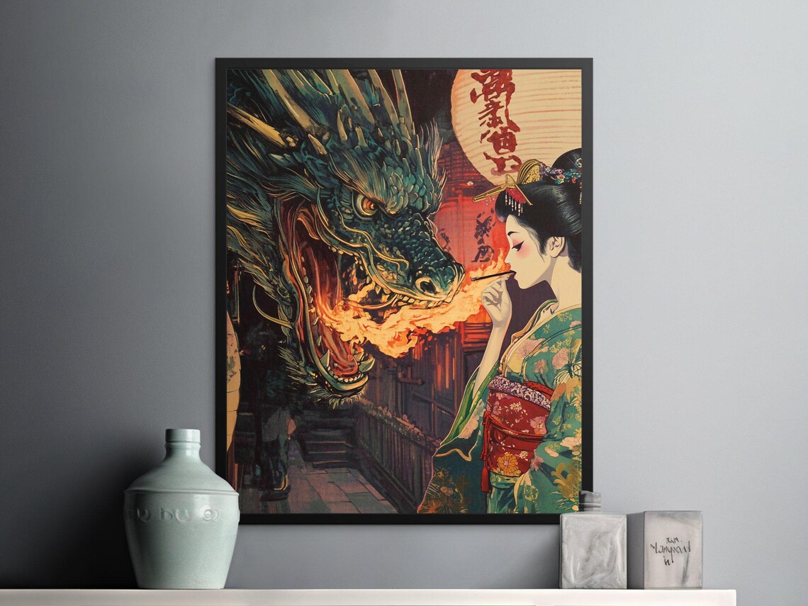 Japanese Dragon Breathing Fire Kimono Woman Lantern Fantasy Art Poster