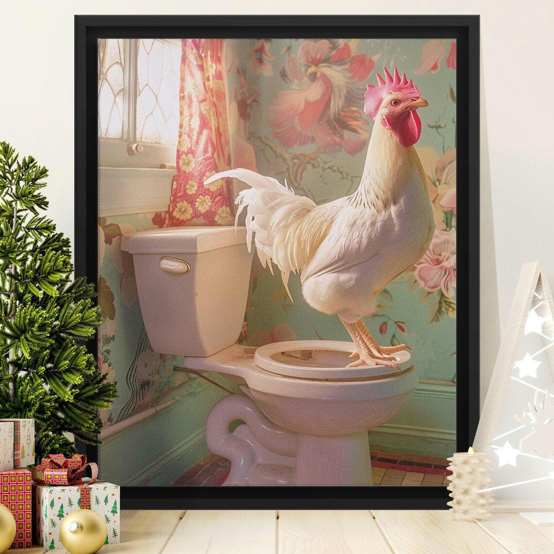 White Rooster Standing on a Toilet Seat Funny Bathroom Wall Art