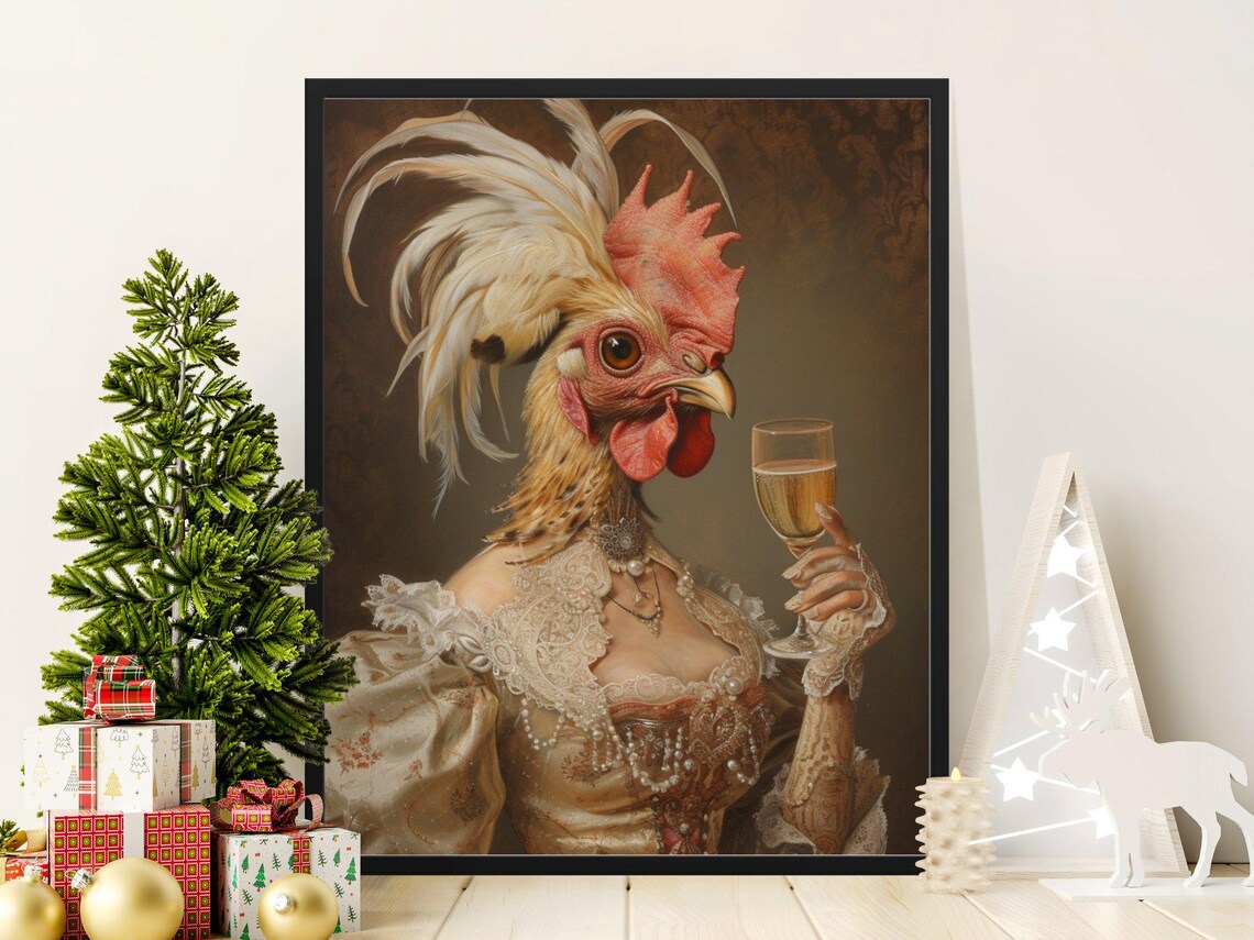 Rooster Lady In Lace Gown Holding Champagne Elegant Portrait Poster - Image 3