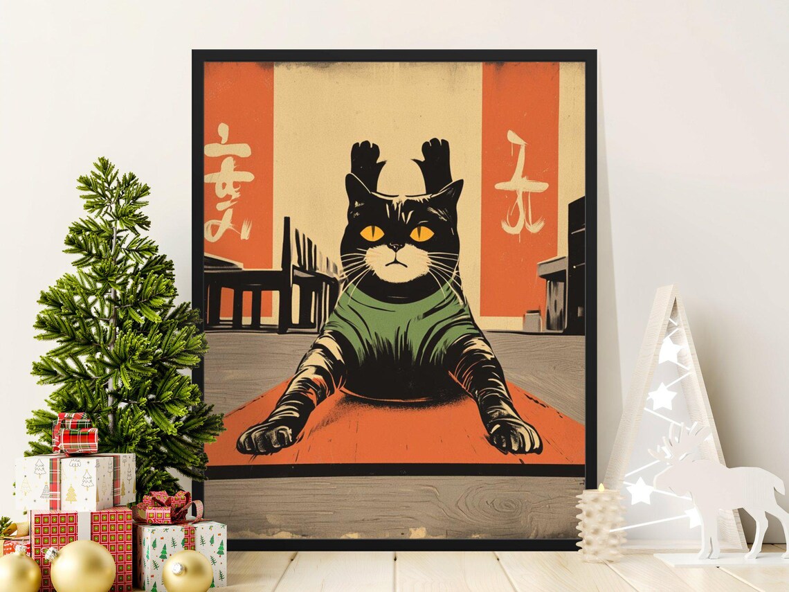 Vintage Cat Poster, Japanese Art Inspired Stretching Cat
