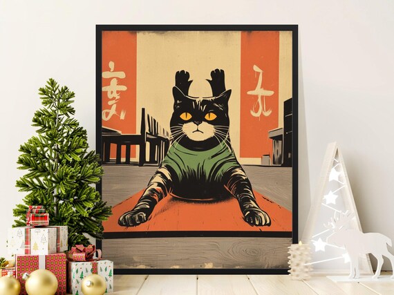 Vintage Cat Poster, Japanese Art Inspired Stretching Cat
