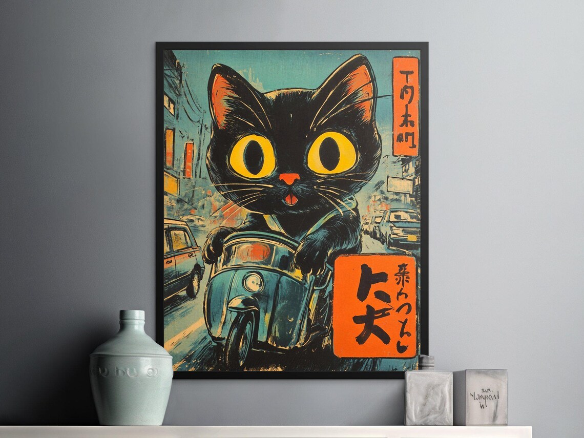 Black Cat Riding Scooter City Street Retro Japanese Comic Style Art Poster - Image 2