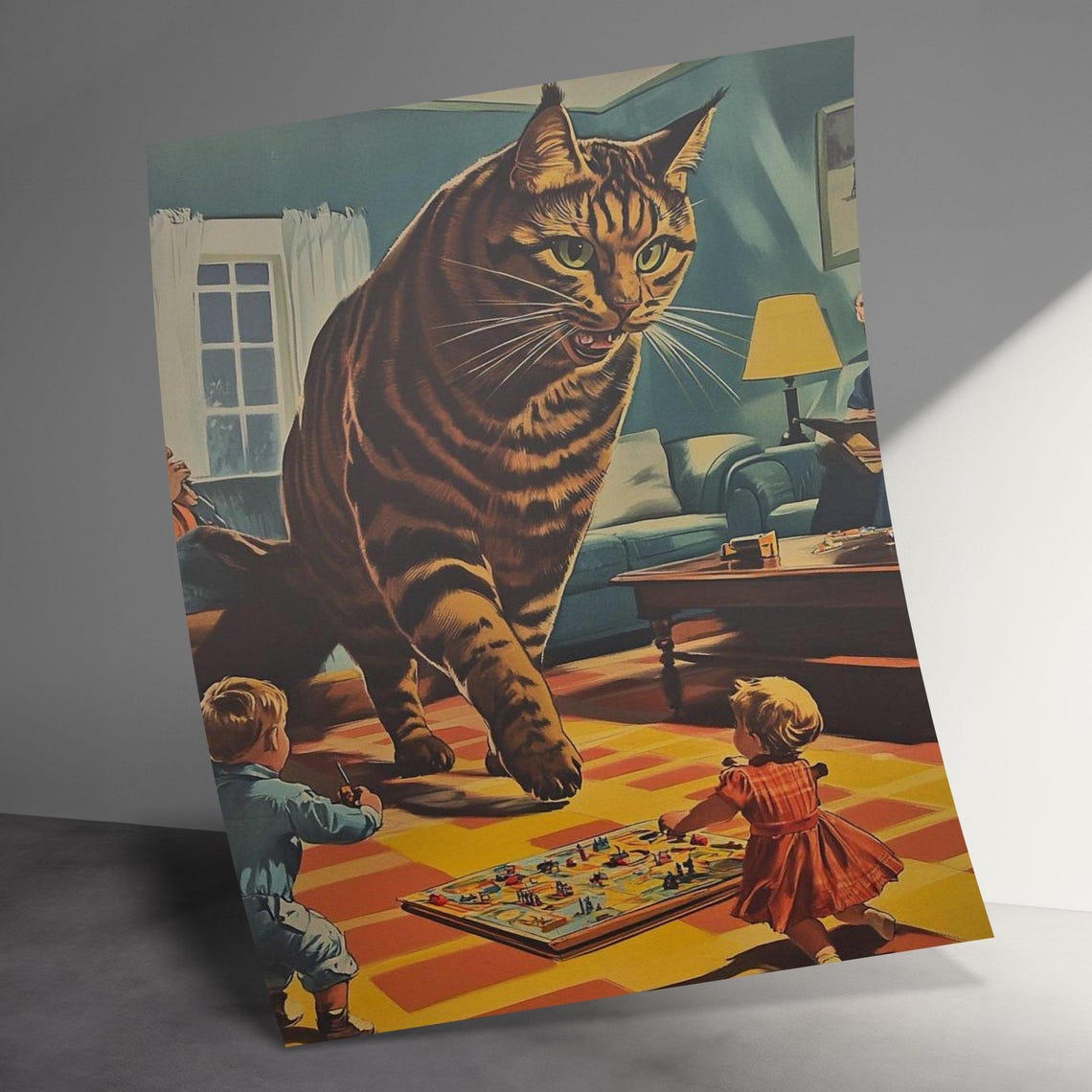 Giant Cat Looming Over Kids Retro Surreal Funny Cat Art Poster - Image 3